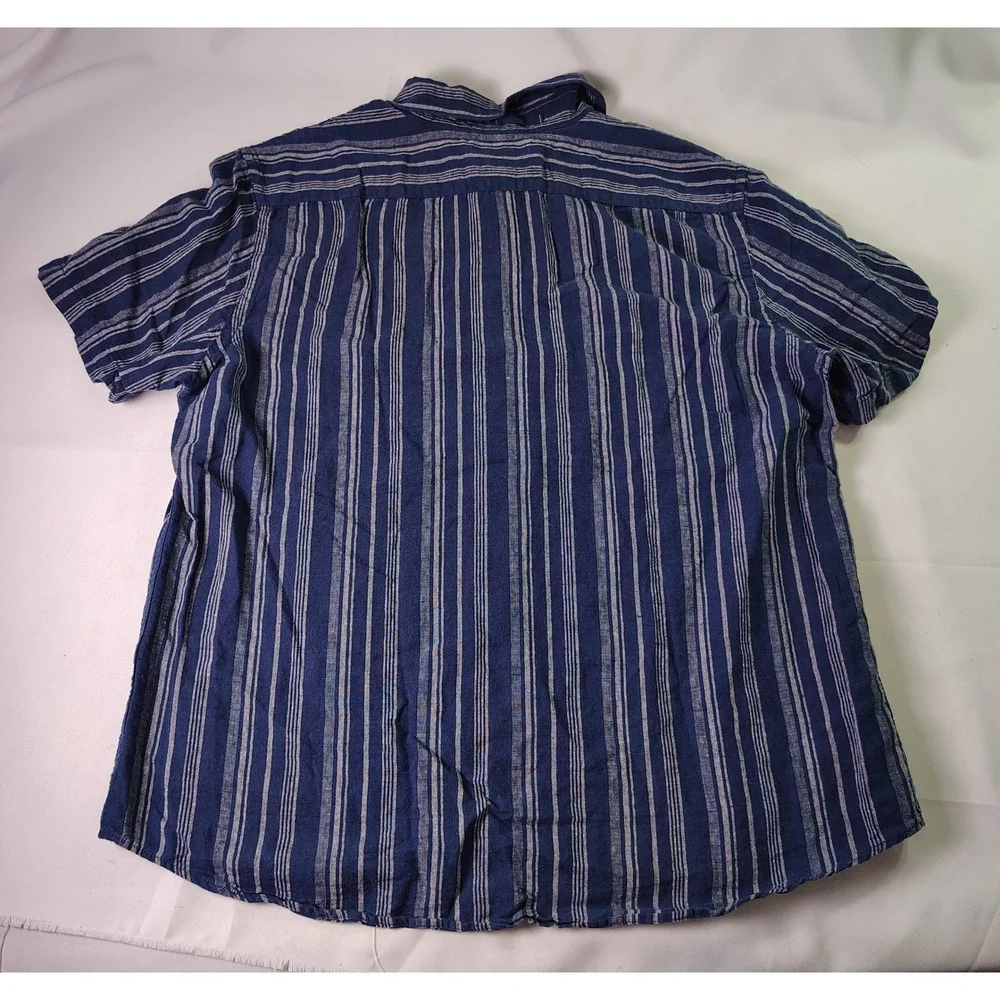 Banana Republic Mens XL Slim Fit Coastal Linen Blue Stripe Resort Summer Shirt